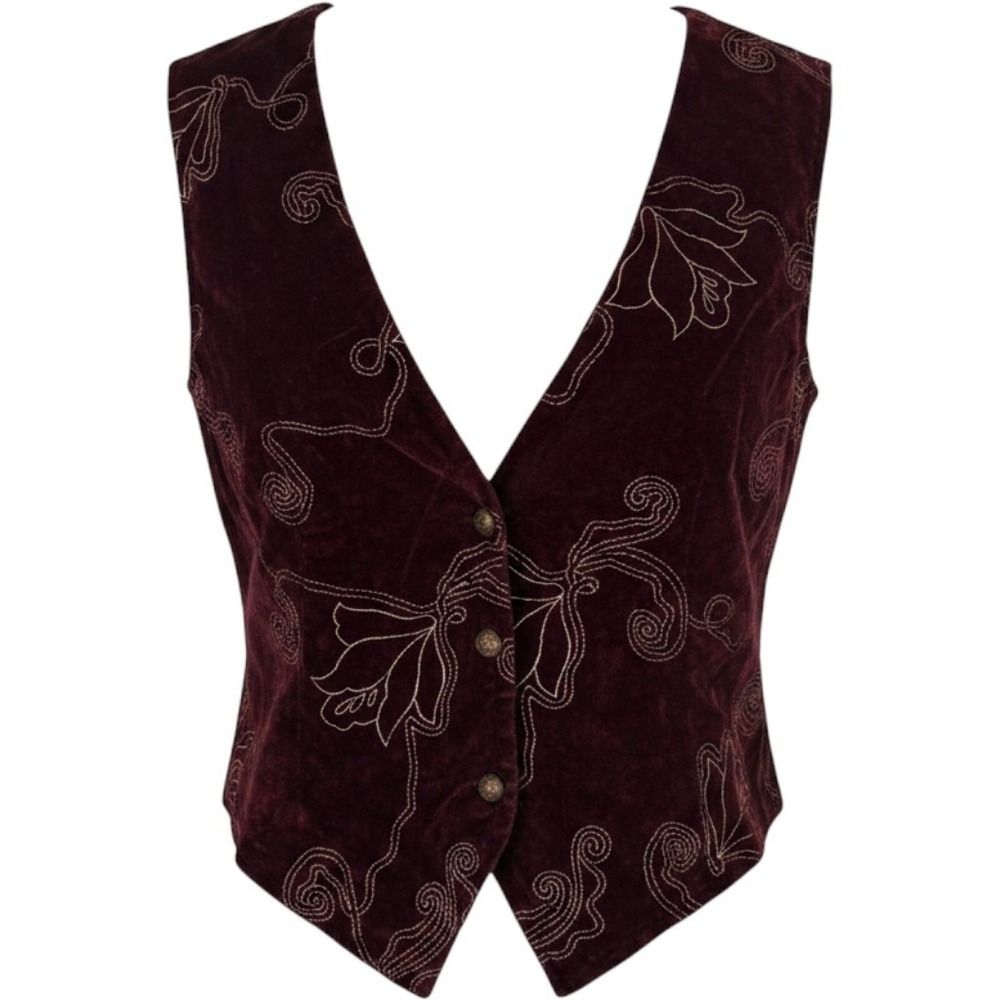 Trimmings maroon velvet vest delicate floral embroidery and button closures Sz M